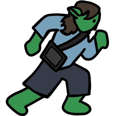 a green figure with mid-length brown hair running to the right, wearing a light blue shirt, loose dark blue-grey shorts, and an AAC tablet on a black shoulder strap.